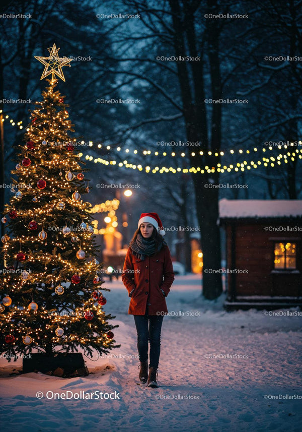 Młoda kobieta spacerująca przy udekorowanej choince w nocy