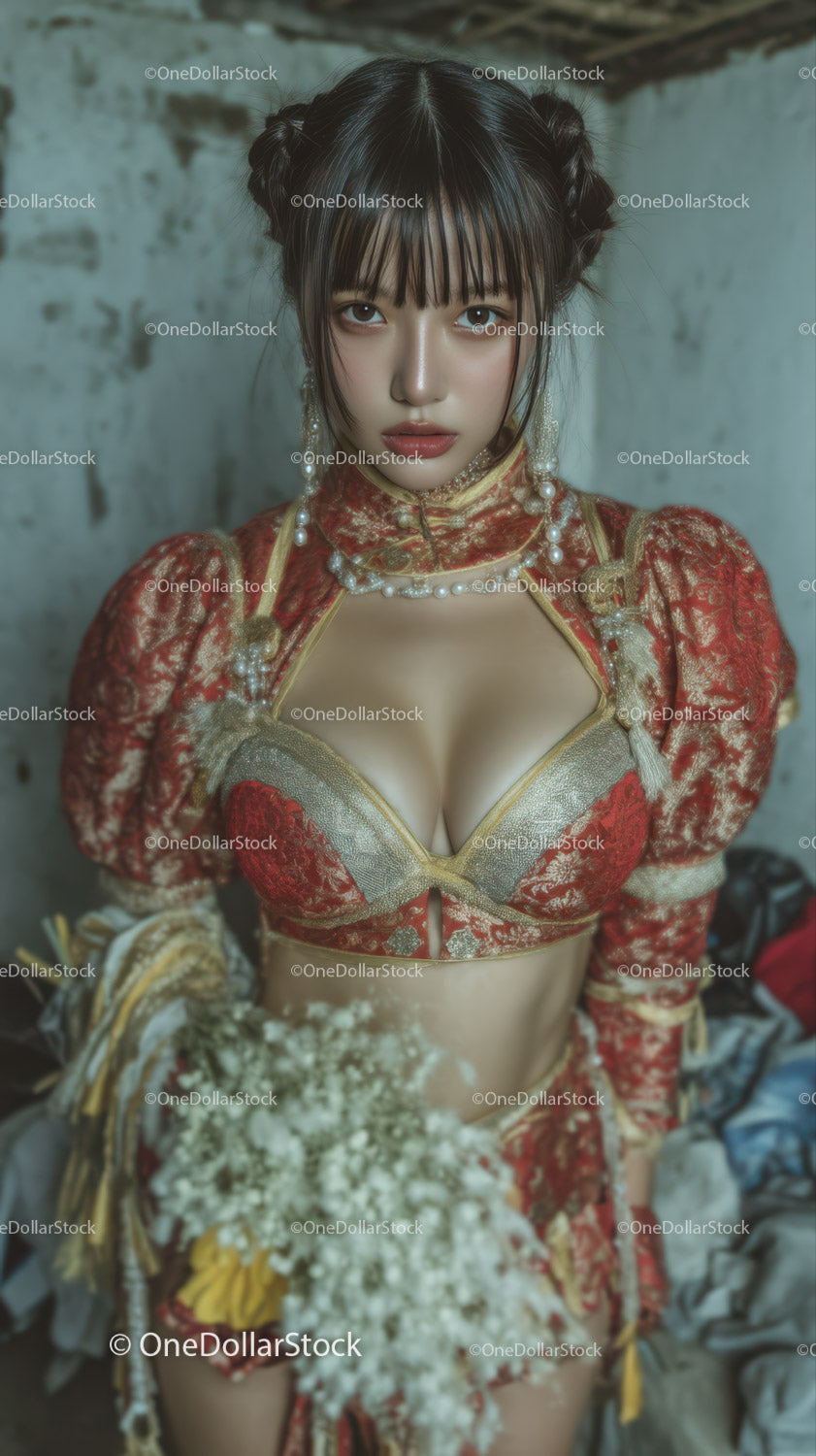 Elegant Asian Woman in Red and Gold Traditional Dress with Jewelry