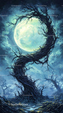 Dark Enchanted Forest with Full Moon and Twisted Trees