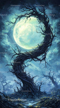 Dark Enchanted Forest with Full Moon and Twisted Trees