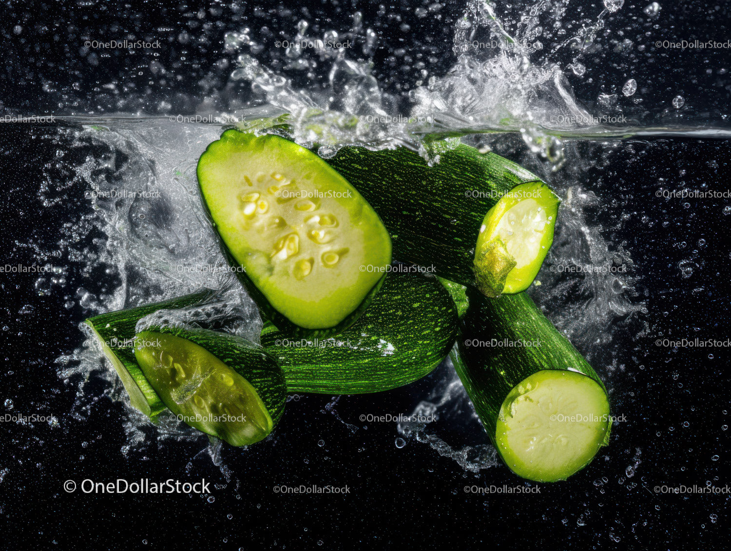 Fresh Cucumber Slices with Water Splash in Vibrant Green Tones