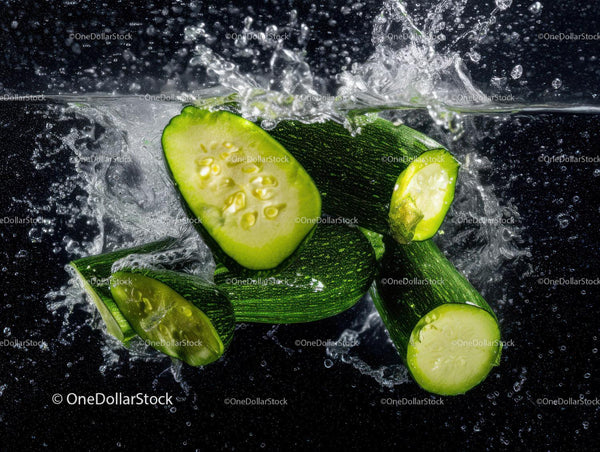 Fresh Cucumber Slices with Water Splash in Vibrant Green Tones
