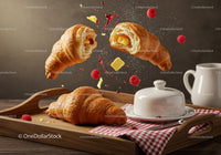 Fresh croissants with butter and raspberries on tray