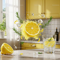 Refreshing lemon splash with ice and rosemary herb