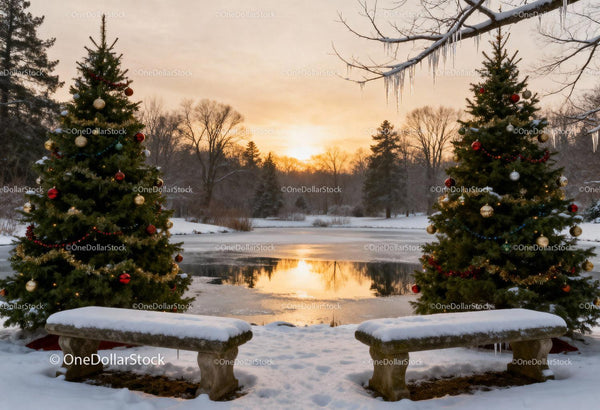 Winter sunset with decorated Christmas trees by frozen lake