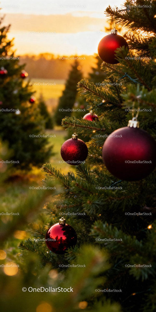Red ornaments decorating evergreen Christmas trees outdoors