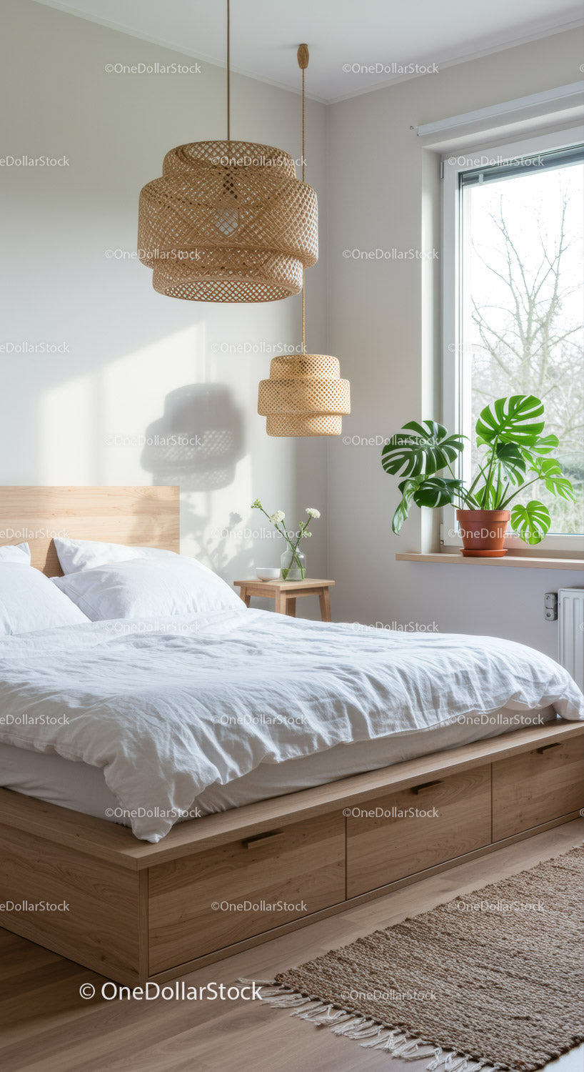 Przytulna, minimalistyczna sypialnia z naturalnym światłem i roślinami