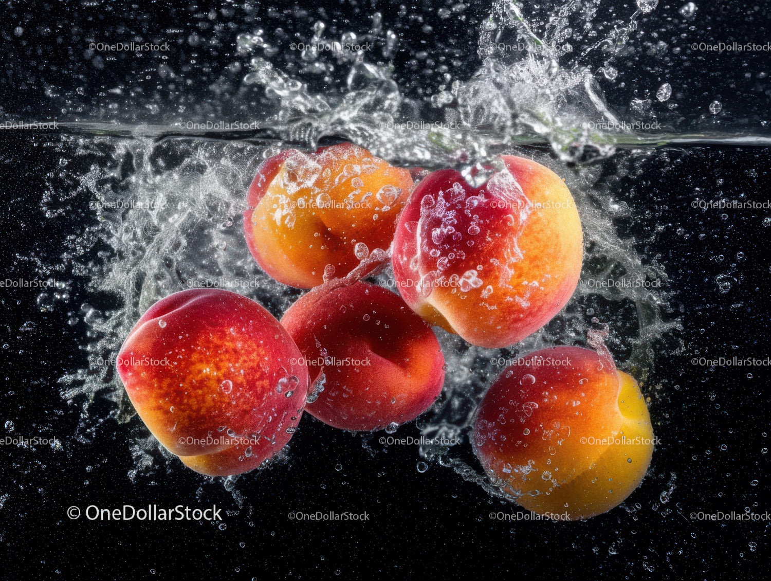Fresh Juicy Peaches Splashing into Water