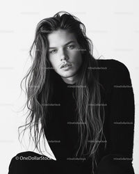 Black and White Fashion Portrait of Young Male Model with Long Hair