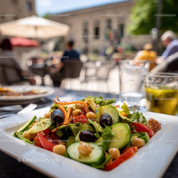 Fresh Vegetable Salad with Tomatoes Cucumbers Olives Chickpeas in Outdoor Café