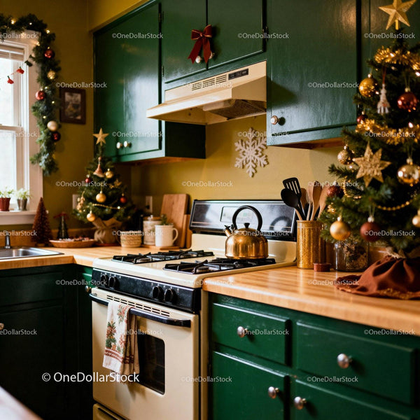 Cozy kitchen with festive Christmas decorations