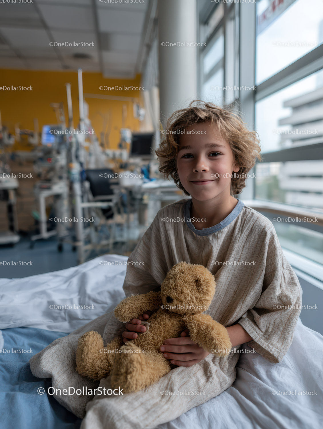 Chłopiec siedzi na szpitalnym łóżku i trzyma pluszowego misia na oddziale pediatrycznym