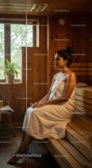 Relaxing Woman Sitting in Sauna with Wooden Interior and Natural Light