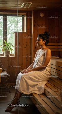 Relaxing Woman Sitting in Sauna with Wooden Interior and Natural Light