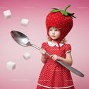 Little girl in strawberry hat holding giant spoon