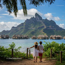Scenic Mountain Overwater Bungalows with Beach and Couple Vacation Scene