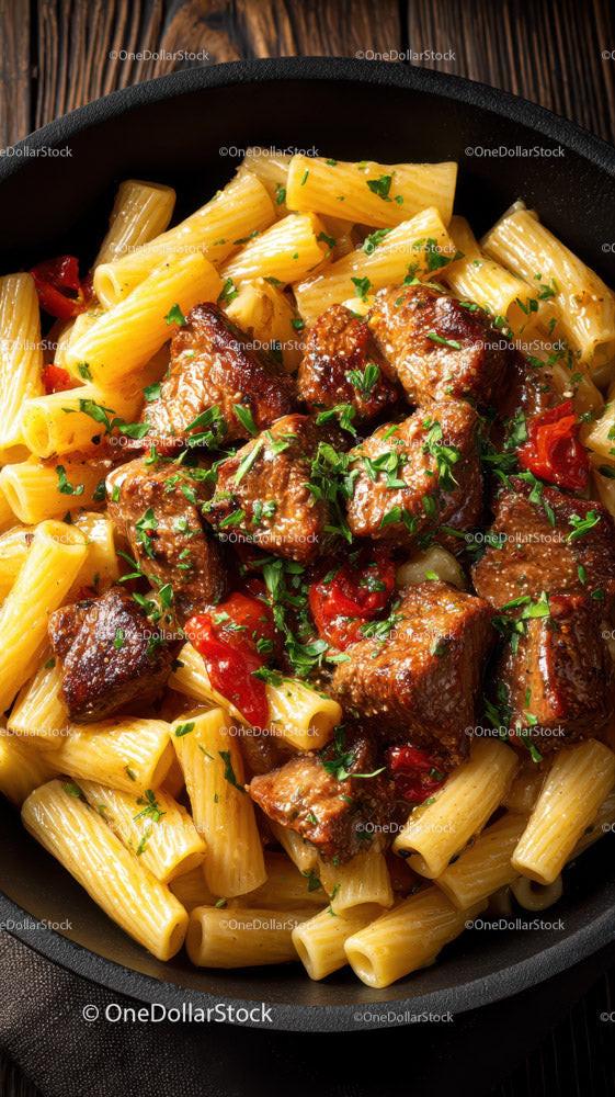 Hearty Beef Stew with Rigatoni Pasta and Red Bell Peppers