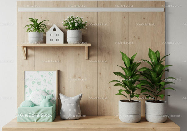 Indoor Greenery with Potted Plants and Wooden Wall Background