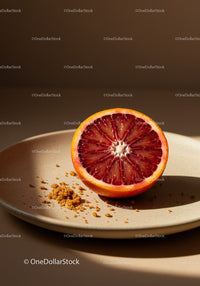 Closeup of Blood Orange Half on Beige Plate