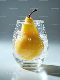 Fresh yellow pear splashing into clear glass of water