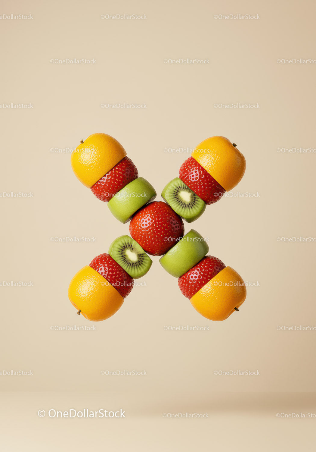 Creative arrangement of mixed fresh fruit slices crossing