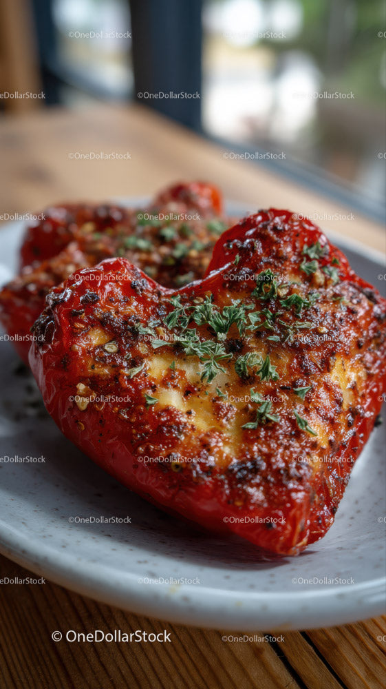 Baked Red Bell Pepper Stuffed with Cheese and Herb Topping