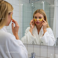 Woman Applying Eye Mask in Bathroom Mirror for Skincare Routine
