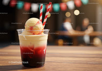 Colorful Ice Cream Sundae with Strawberry Syrup and Straws