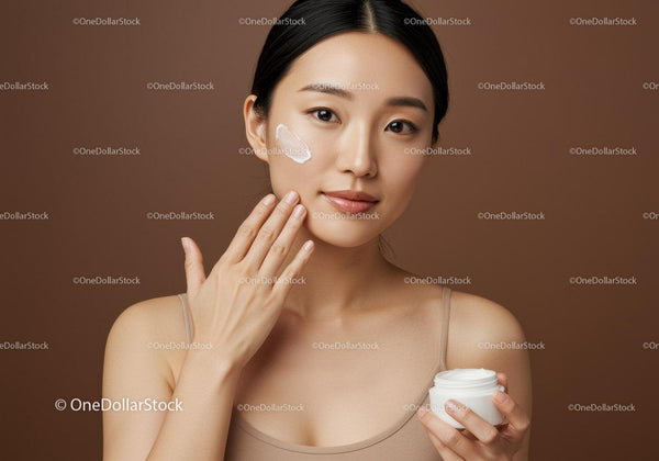 Young Woman Applying Cream for Skin Care on Brown Background