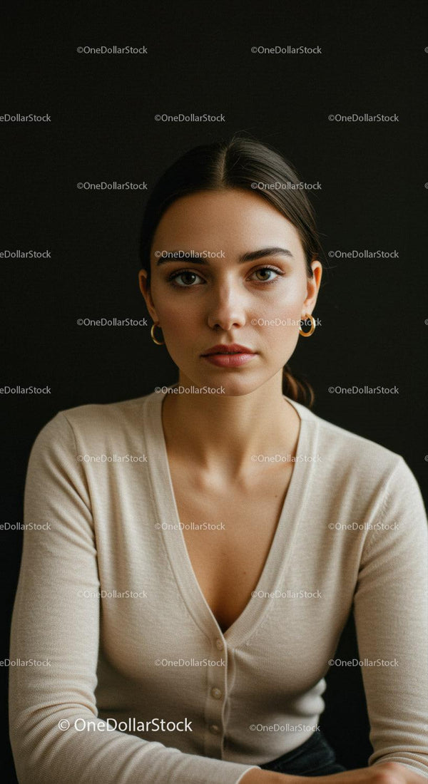 Elegancki portret kobiety z pewnym siebie wyrazem twarzy w beżowej bluzce