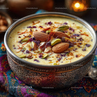 Traditional Indian Saffron Kulfi with Nuts and Edible Flowers in Silver Bowl