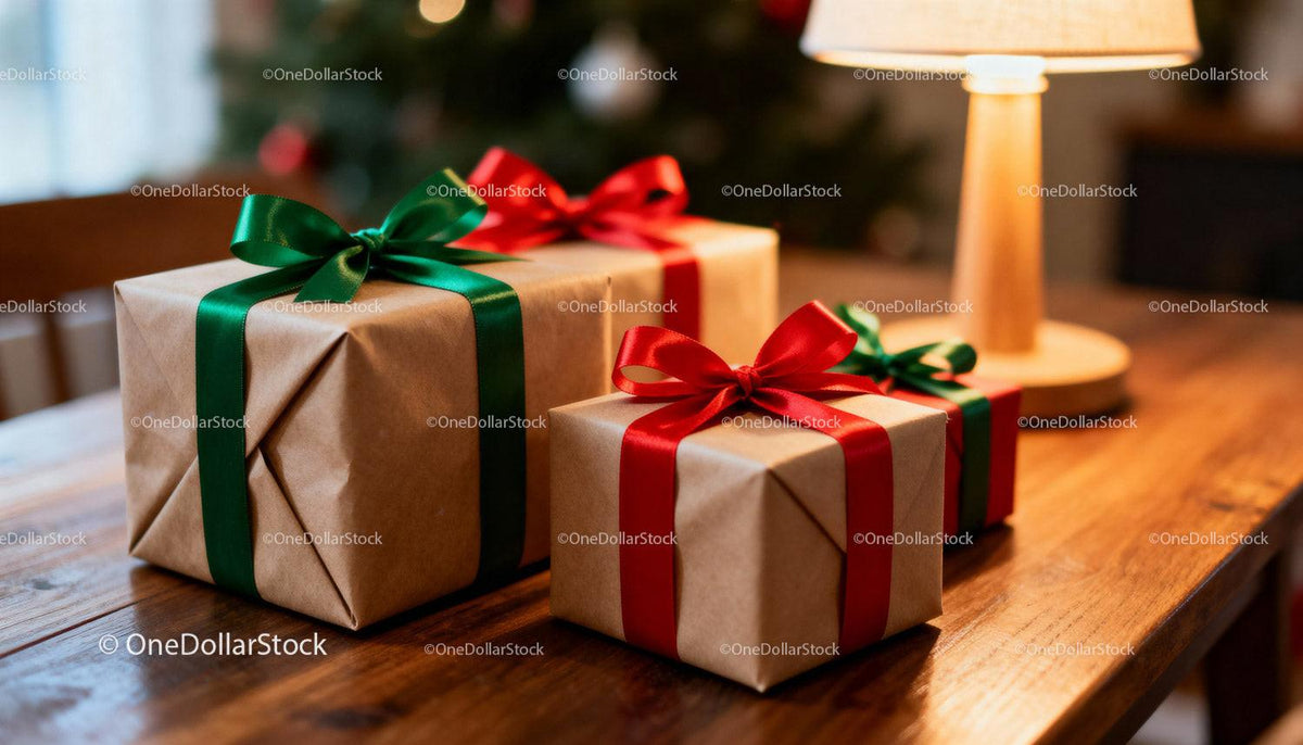 Wrapped Christmas Gifts with Red and Green Ribbons