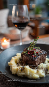 Gourmet Beef Steak with Mashed Potatoes and Rosemary Garnish