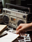 Vintage boombox with handwritten notes and photos