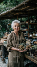 Elderly Woman Shopping for Organic Herbs at Rustic Market Stall