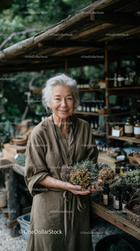 Elderly Woman Shopping for Organic Herbs at Rustic Market Stall