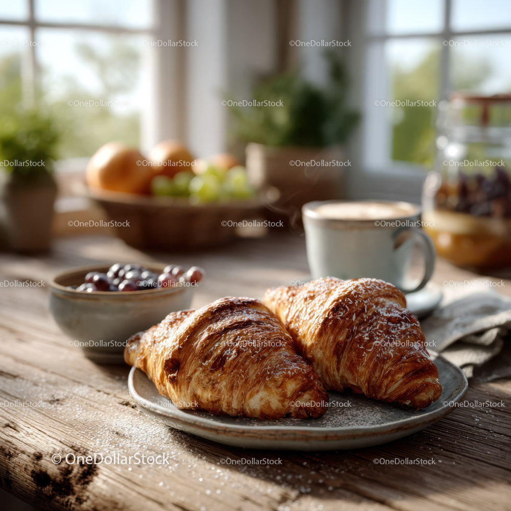 Rustic Kitchen Morning Scene with Croissants Coffee and Fresh Fruit