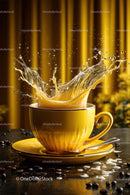 Vivid Yellow Coffee Cup with Splash in a Warm Modern Cafe Scene