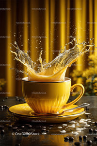 Vivid Yellow Coffee Cup with Splash in a Warm Modern Cafe Scene