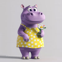 Cute Cartoon Hippo Holding Flower with Bright Expression