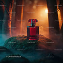 Luxury Red Perfume Bottle in Mystical Forest Scene