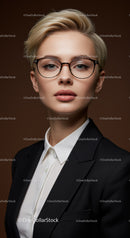 Elegant Business Woman in Stylish Glasses and Black Blazer