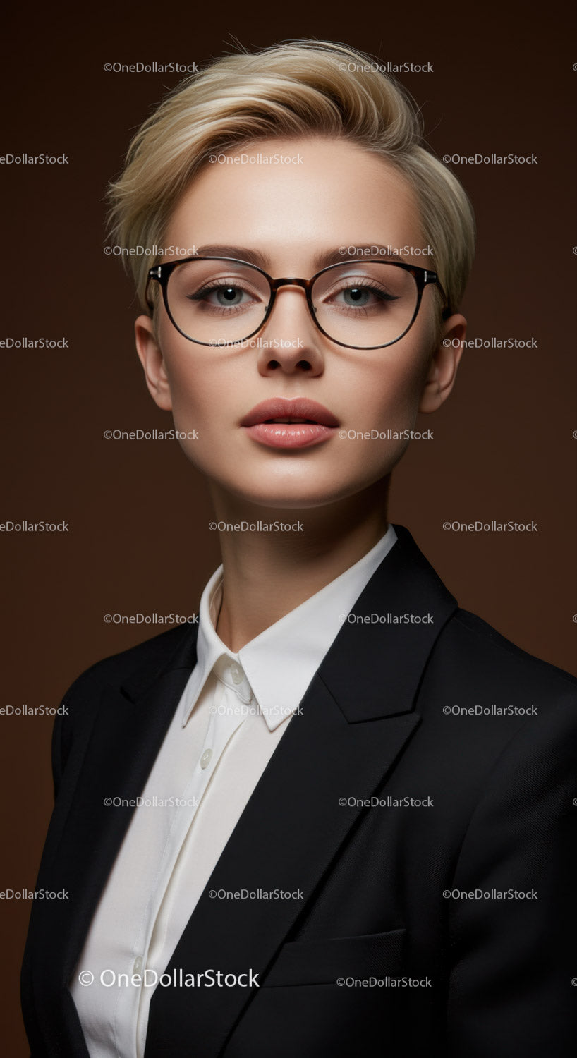 Elegant Business Woman in Stylish Glasses and Black Blazer