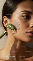 Close-Up of a Woman Using a Jade Roller for Facial Massage and Skin Rejuvenation