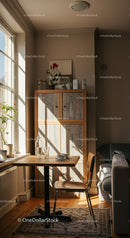 Bright cozy dining corner with sunlight and plants