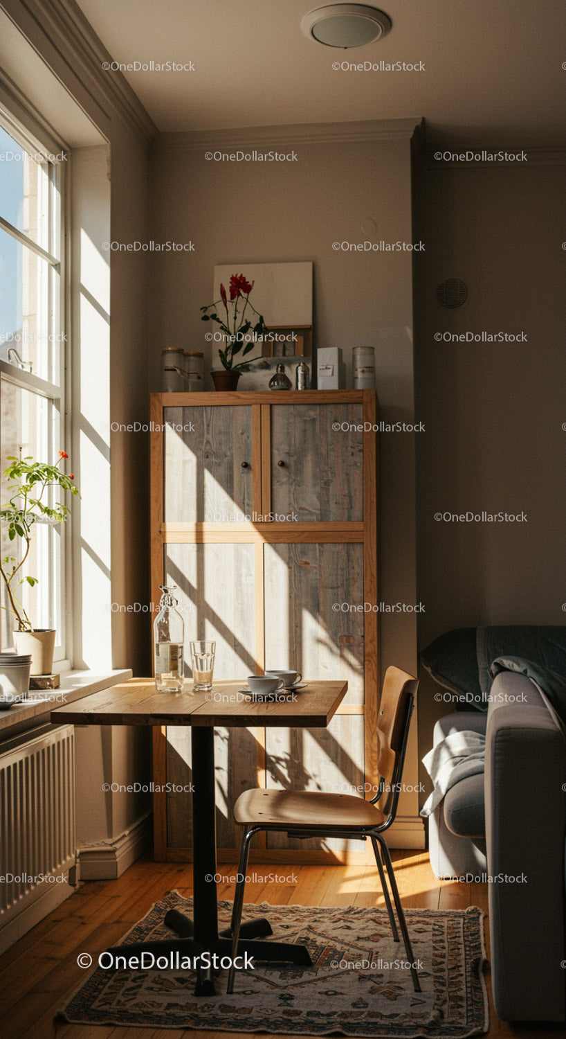 Bright cozy dining corner with sunlight and plants