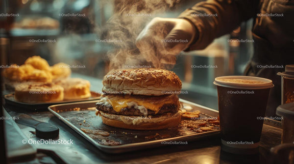 Juicy Cheese Burger Steaming with Crispy Fries and Cold Drink
