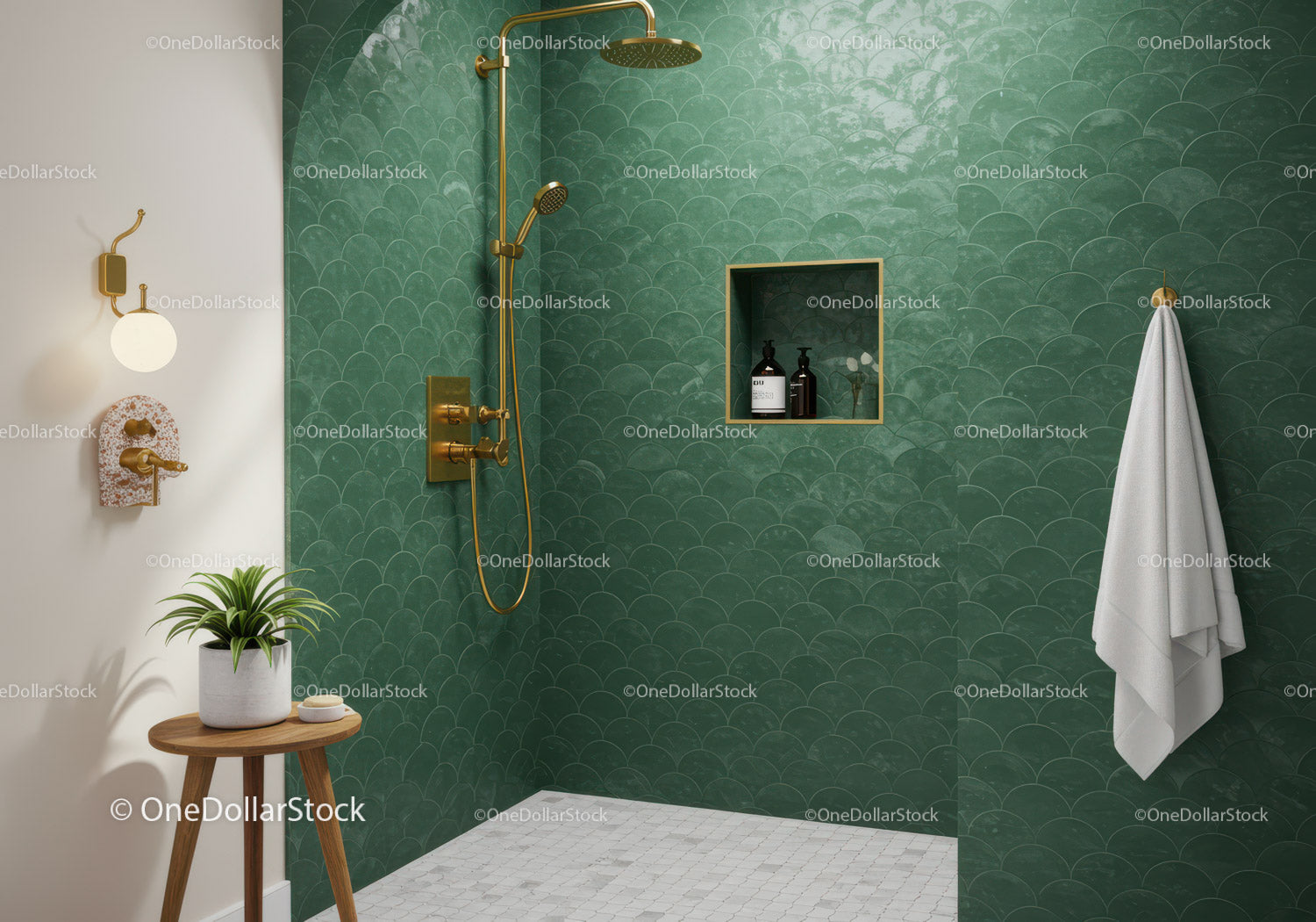 Modern bathroom with green tile and brass fixtures