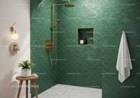Modern bathroom with green tile and brass fixtures