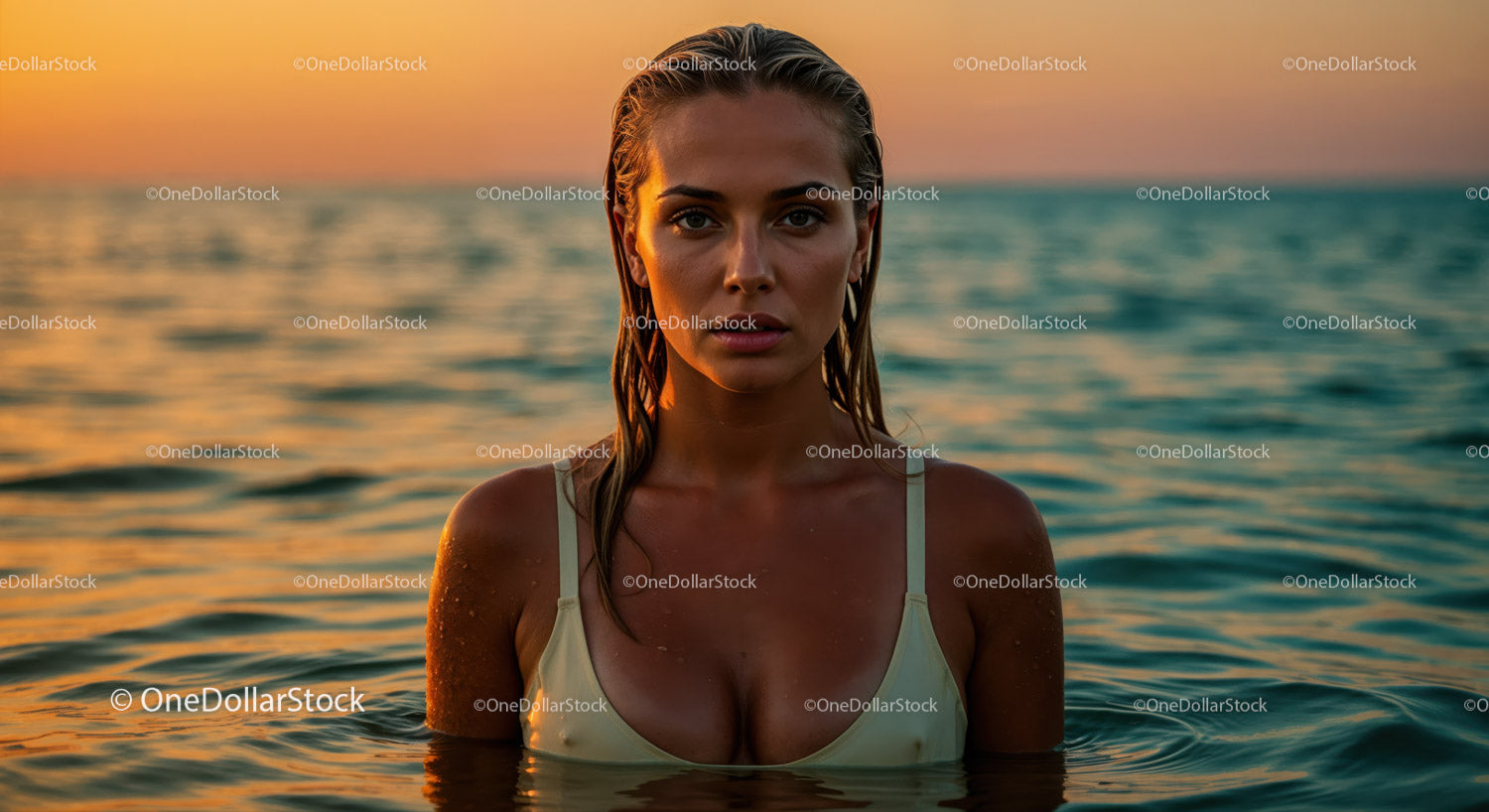 Close-Up of a Woman with Wet Hair and Water Droplets at Sunset